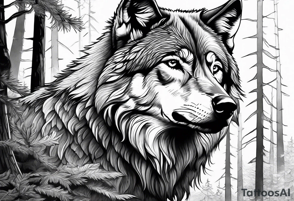 Wolf in a forest tattoo idea