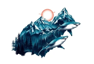 forest mountains under the northen lights with sharks in the shape of africa tattoo idea