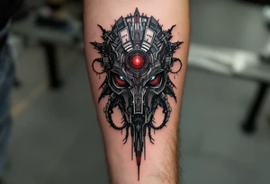 A shadowy mech-erm inked in matte black with accents of silver and a central pulsar in deep red. tattoo idea