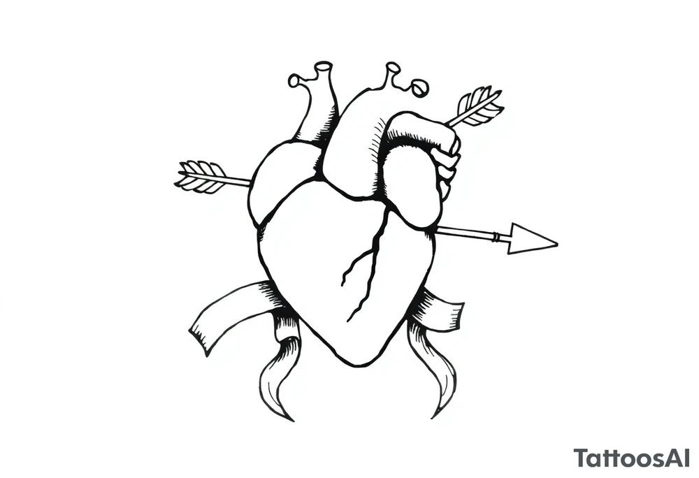 anatomical heart pierced by ornate arrow with flowing ribbons tattoo idea