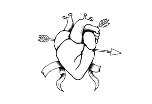 anatomical heart pierced by ornate arrow with flowing ribbons tattoo idea