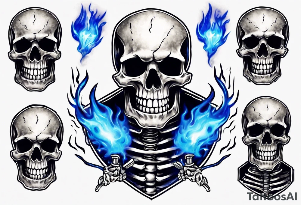 A skeleton welding with blue fire behind tattoo idea
