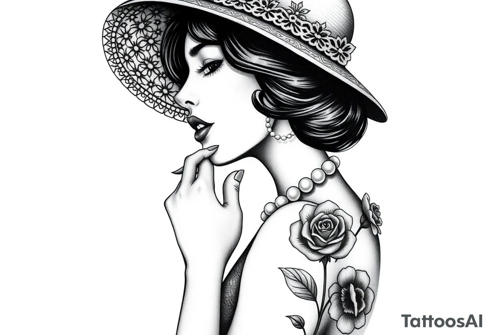 Black and white profile of woman with chin pressed on hand, hat with lace covering her eyes as she looks to the distance
, pearl necklace In her mouth with red lips flowers around her with one red rose standing out thigh tattoo tattoo idea