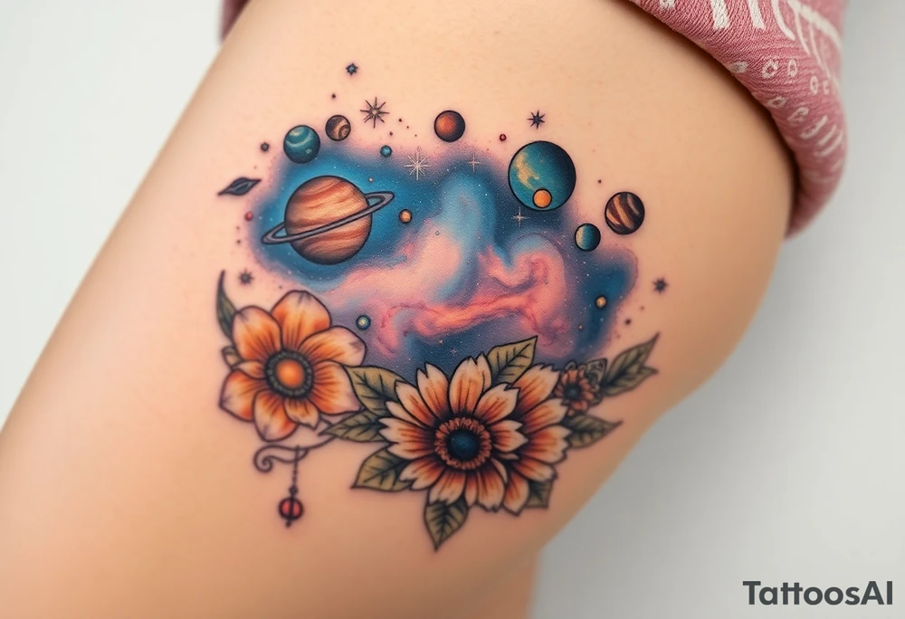 Milky way galaxy with planets with zodiac symbols and protection runes in it with tigerlillies roses and sunflowers tattoo idea
