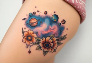 Milky way galaxy with planets with zodiac symbols and protection runes in it with tigerlillies roses and sunflowers tattoo idea
