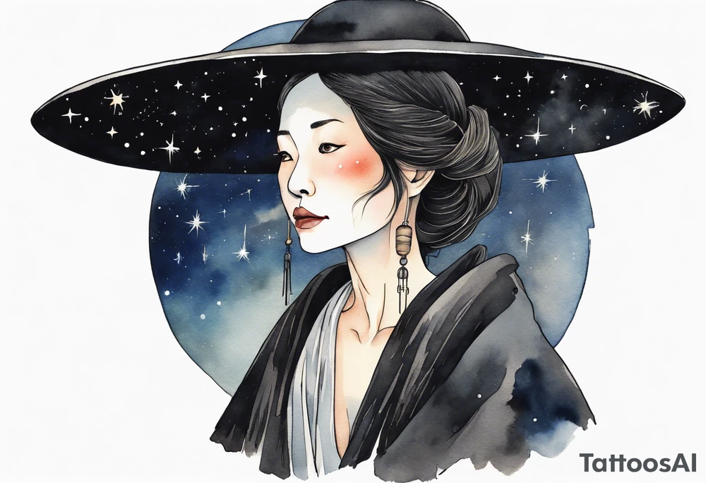 a beautiful 50-year-old Dakota woman wearing black cloak with the night sky in the background tattoo idea