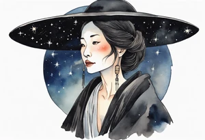 a beautiful 50-year-old Dakota woman wearing black cloak with the night sky in the background tattoo idea