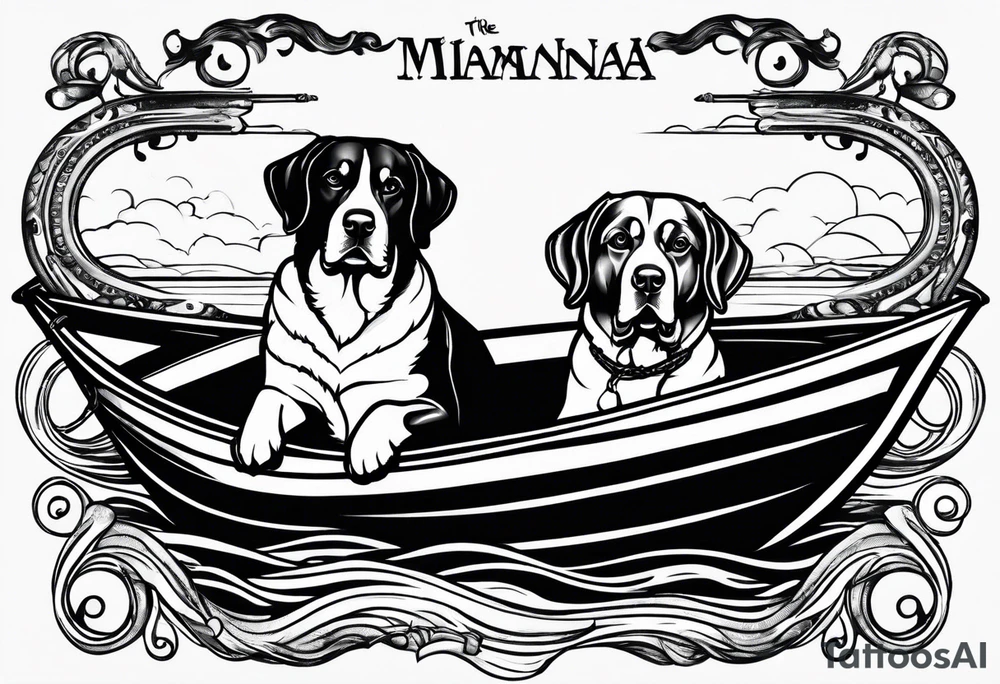 two dogs in a boat that has the word McNamara on the side tattoo idea
