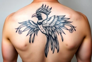 powerful majestic colorful quetzal bird with long feathers and mayan tribal signs tattoo idea