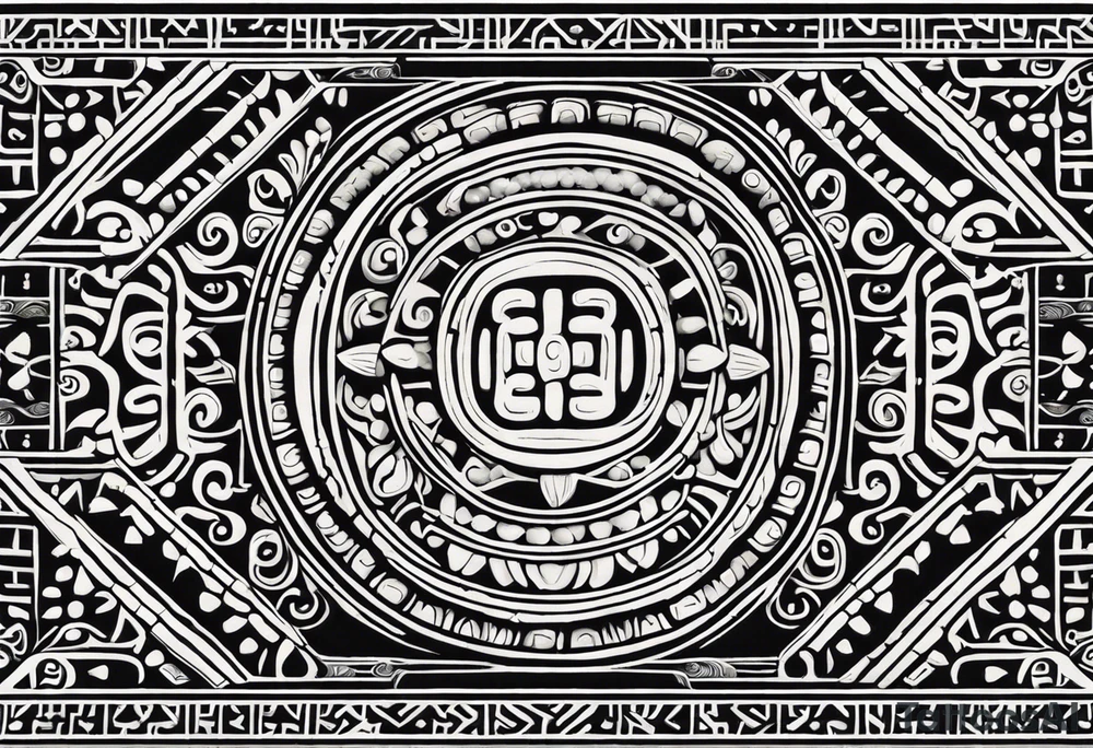 Create a masculine mayan tattoo design carved in stone featuring three flower buds of Gypsophila spp. The design should incorporate sharp, geometric patterns inspired by ancient Mayan glyphs and carvings, emphasizing strength and symmetry. The flower buds should be stylized with angular, bold lines, set within intricate, sacred Mayan motifs. The overall design should evoke harmony and balance, symbolizing the calming frequency of 432 Hz through symmetrical and flowing element tattoo idea