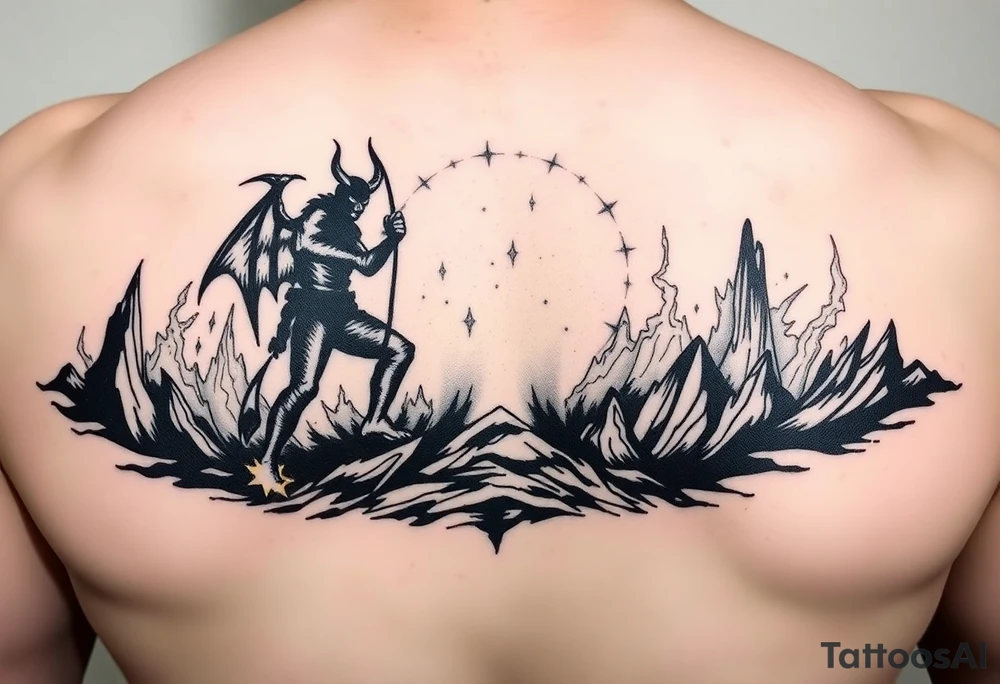 Demon cowboy silhouette against a fiery, jagged landscape. tattoo idea
