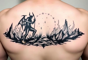 Demon cowboy silhouette against a fiery, jagged landscape. tattoo idea