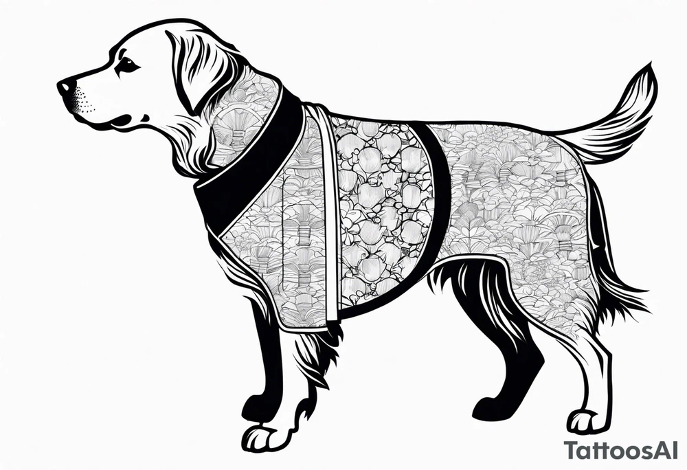 a golden retriever in a kimono full body view wearing a black karate belt tattoo idea