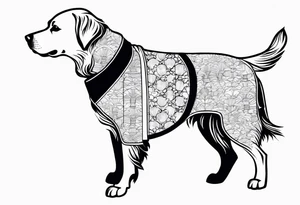 a golden retriever in a kimono full body view wearing a black karate belt tattoo idea
