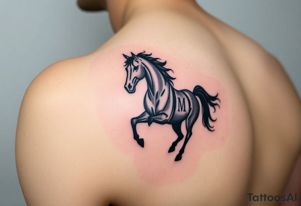 horse silhouette 
from the front which gallops from the front, with the 3 small letters discreetly integrated: L, A, M tattoo idea