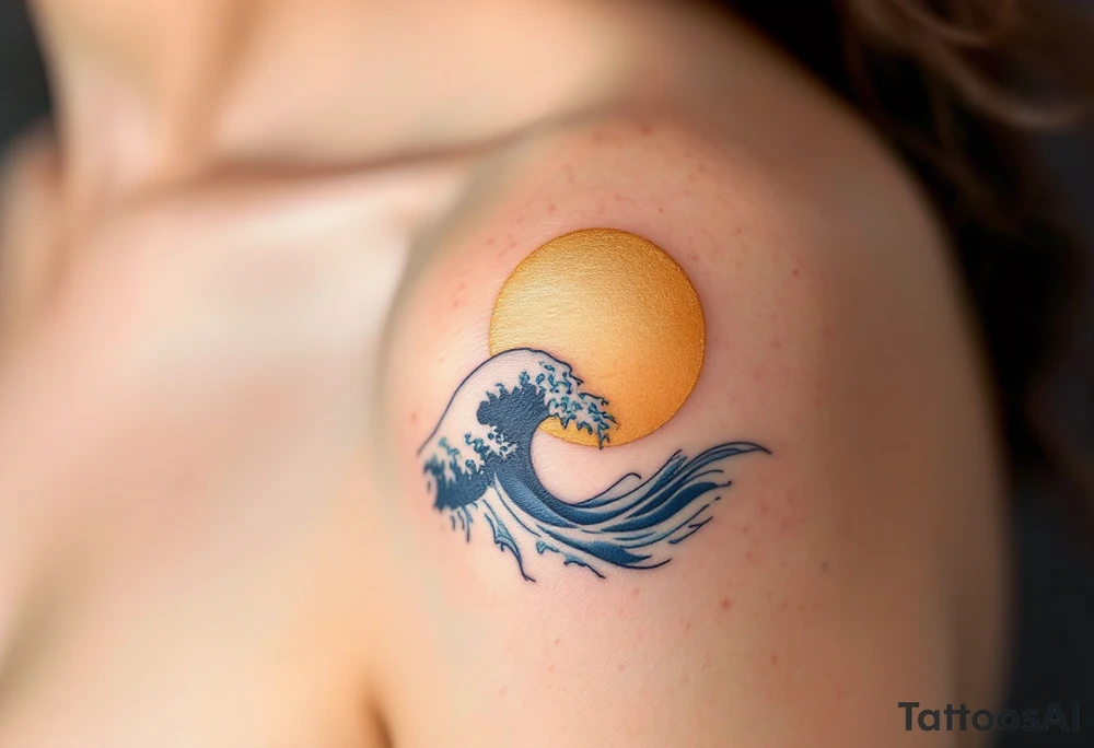 A minimalistic navy wave curves beneath a golden sun, etched on the upper arm. tattoo idea