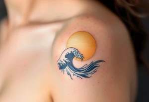 A minimalistic navy wave curves beneath a golden sun, etched on the upper arm. tattoo idea