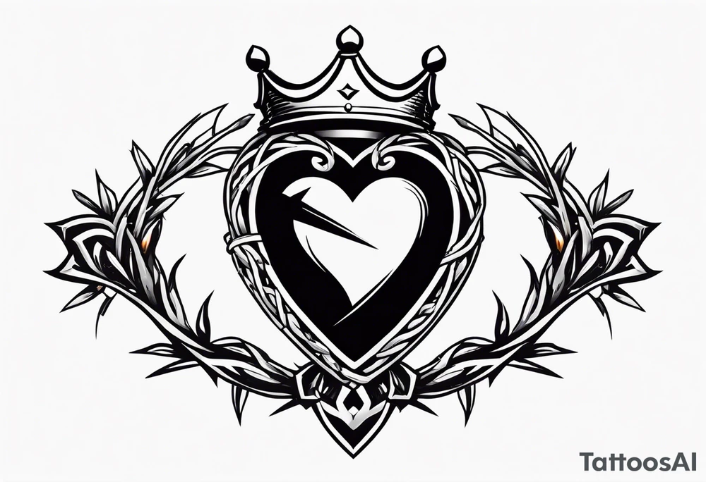 A simple design of a crown of thorns resting on a sword that is piercing a heart tattoo idea