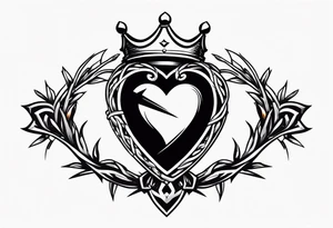 A simple design of a crown of thorns resting on a sword that is piercing a heart tattoo idea