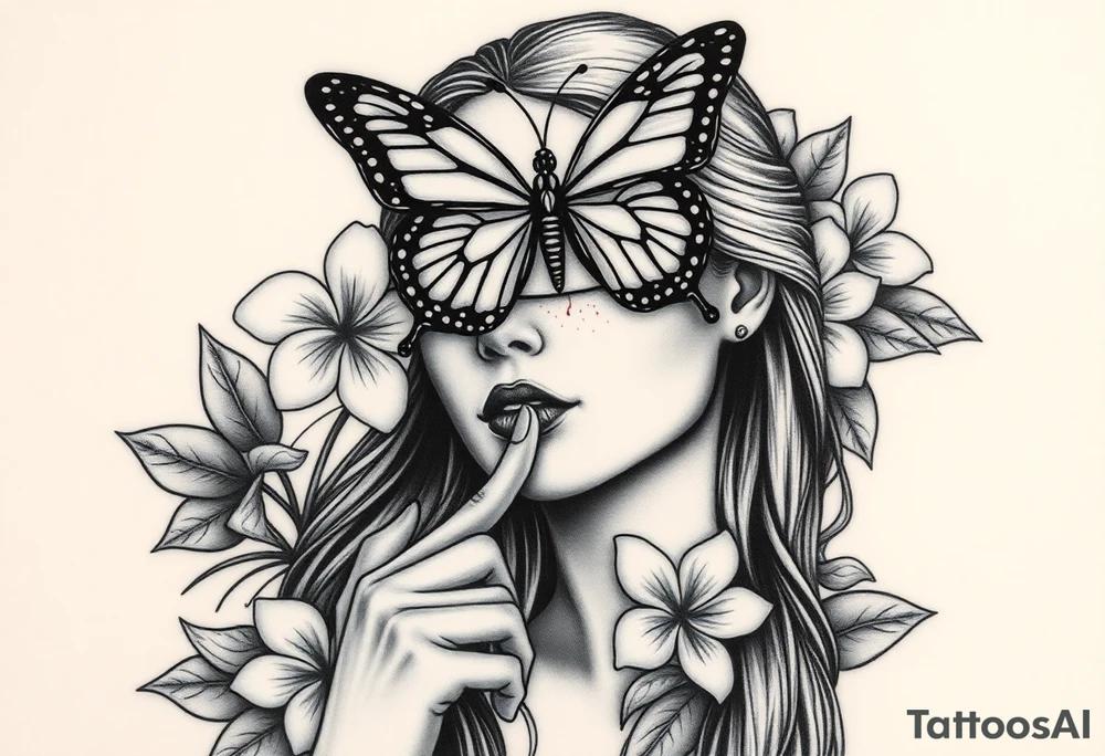 A round tgus women is beatiful pink plumeria flowers and leafs 
And as if in a garden a Womens realistic face  is looking forward and above her a butterfly is flying and the lower jalf of the butter flys wings the right end and left end covers both the womens eyes like a blind fold but only covers her forhead and two eyes you can see her cheeck bones her bose her ears and mouth she has long flowing hair thats flowing in the wind and down her back and side of her face and as her eyes are being covered by the right side and left ends of the butterflys wings she has her index finger to her lips as if telli g someone to not speak and both her hears are bleeding and the blood in running down both ears on side of her face tattoo idea