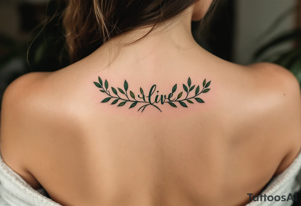 Elegant script in deep forest green, framed by a wreath of olive branches. tattoo idea
