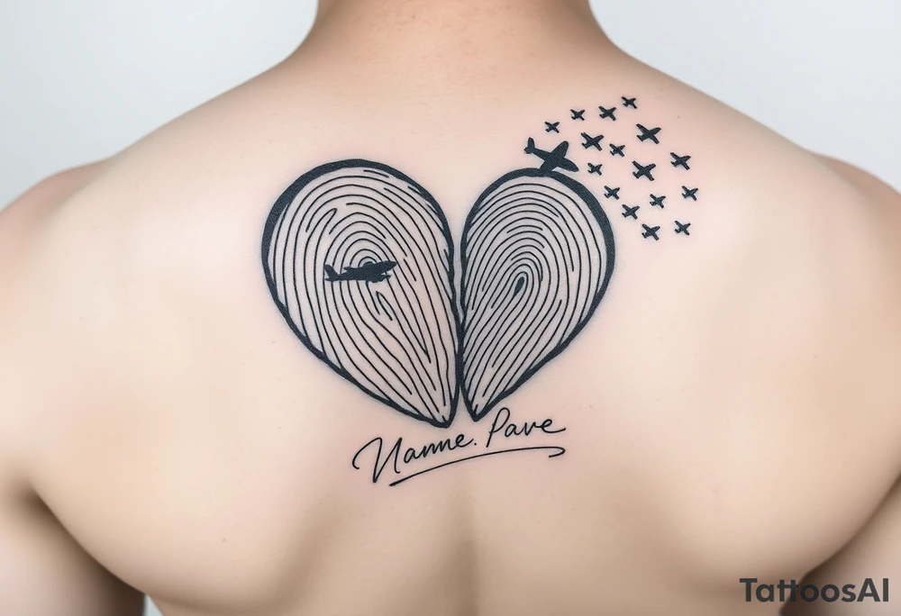 Two fingerprints merged into a heart shape, with the top right edge breaking away into small planes flying into the sky.

Place a signature Beneath the heart in the loved one’s handwriting. tattoo idea