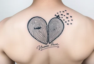 Two fingerprints merged into a heart shape, with the top right edge breaking away into small planes flying into the sky.

Place a signature Beneath the heart in the loved one’s handwriting. tattoo idea
