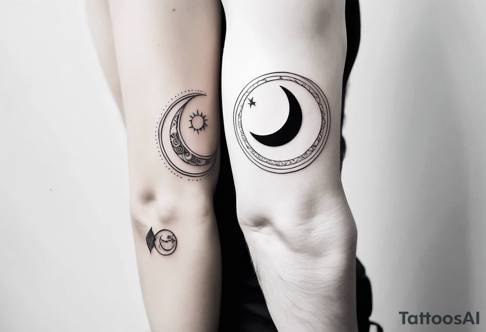 Sun and crescent moon with vintage line along with yin yang. Long on forearm tattoo idea
