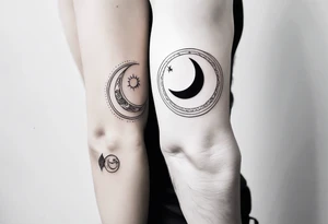 Sun and crescent moon with vintage line along with yin yang. Long on forearm tattoo idea
