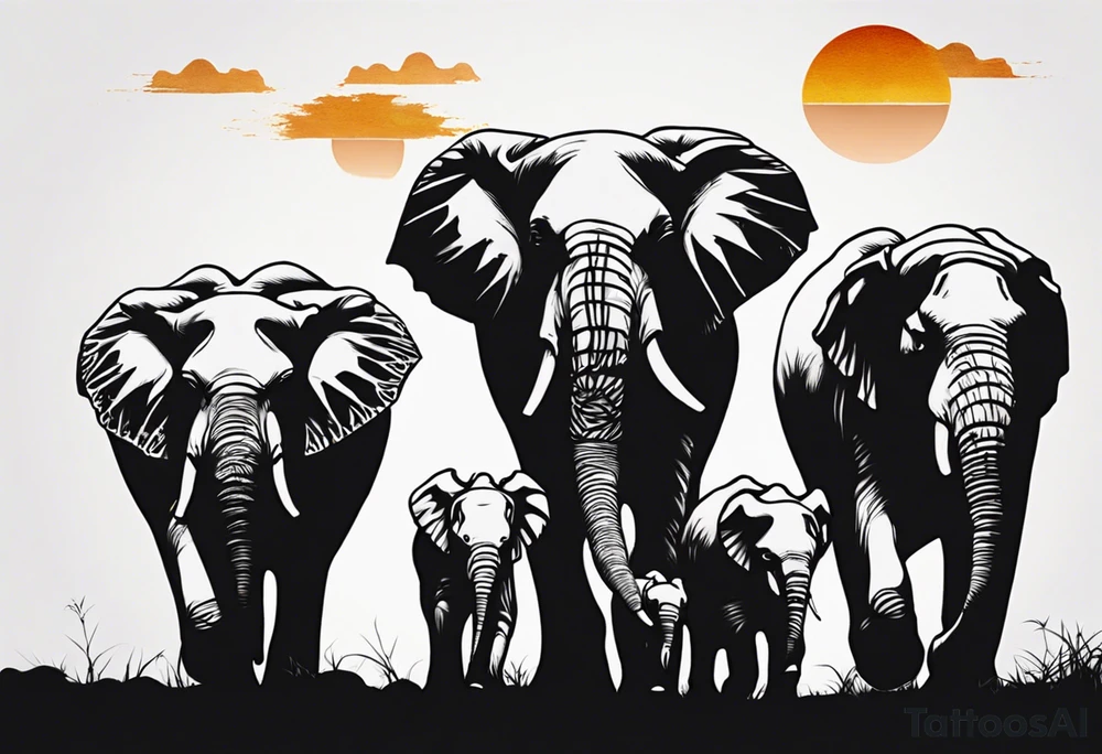 family of 6 elephants walking into sunset tattoo idea