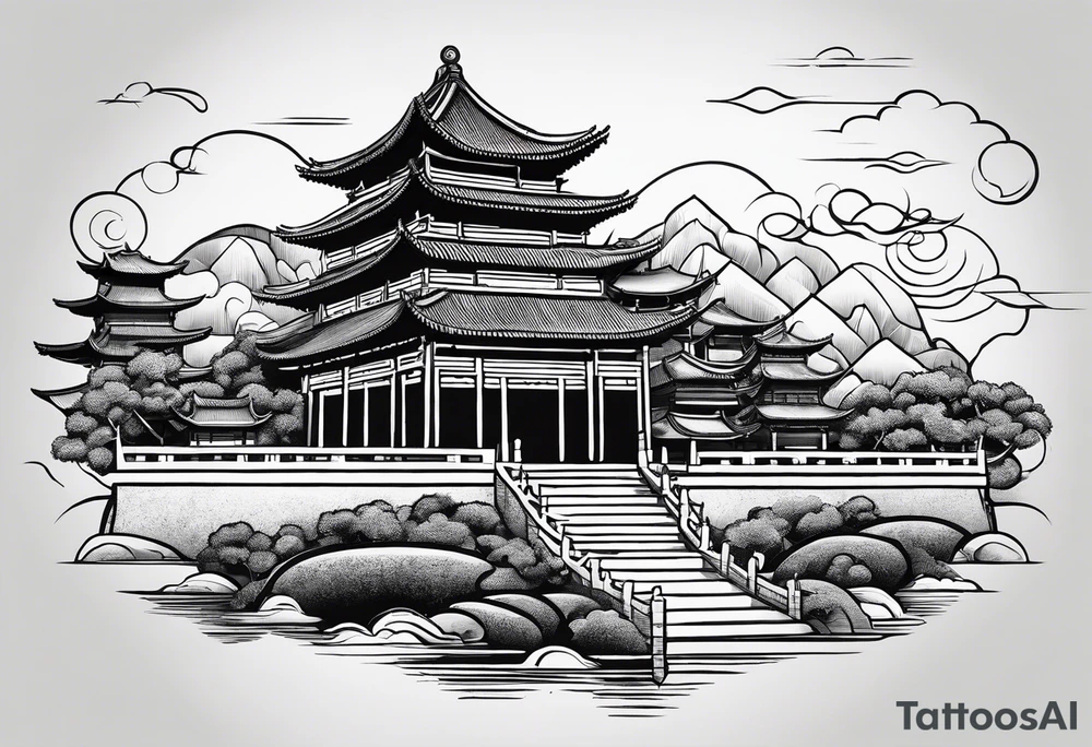 Chinesischer see mit der Mauer im hintergrund und verschiedenen Tieren tattoo idea