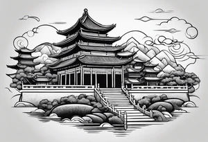 Chinesischer see mit der Mauer im hintergrund und verschiedenen Tieren tattoo idea