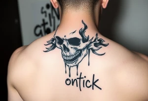 Graffiti type skull with markers dripping ink writing a tag that says on tick behind the skull with smoke that says ontick tattoo idea