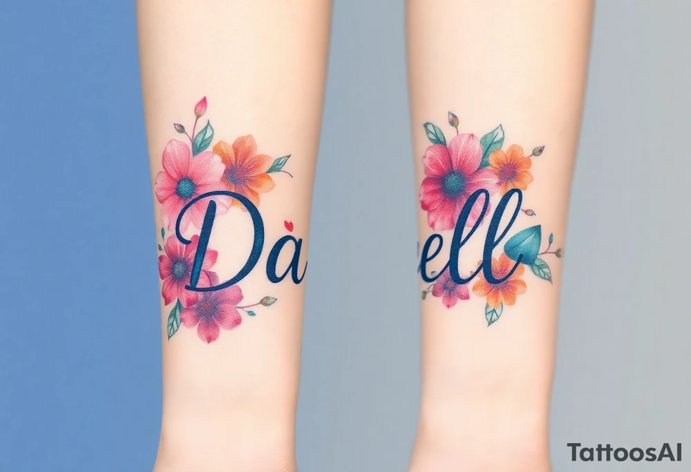 Bold colors, 1 inch font, "Darrell" with lots of whimsical background, add lots of flowers, more background flowers of different colors, sizes and shapes tattoo idea
