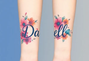 Bold colors, 1 inch font, "Darrell" with lots of whimsical background, add lots of flowers, more background flowers of different colors, sizes and shapes tattoo idea