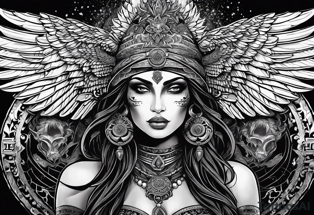 black kali, goddess pirate, alien, pachamama, valkrye, warrior, skull, lotus azul, wing, eagle, zenza resonance, stars, 5D tattoo idea