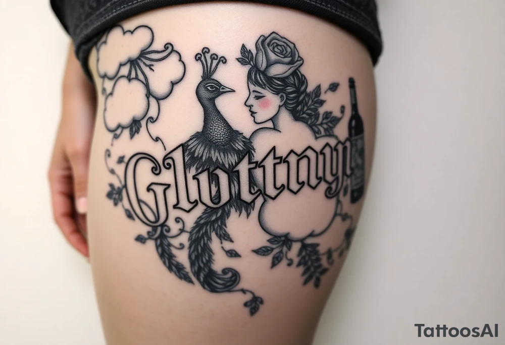 Storm clouds the word gluttony and sexy naked fat woman, peacock, money ,pig  envy, wrath, cigerette, cake, liquor bottle tattoo idea