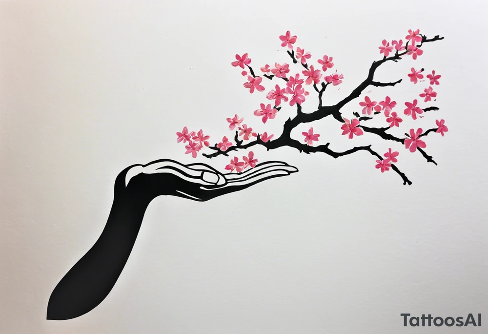 i have a human hand pointing at a skeleton hand tattoo on my left shoulder, the human hand is on the left and ends 3 cm into the wrist of the hand, i want a cherry blossom branch to sprout out of the wrist on the tattoo, then travel down to my arm and wrap around my bicep once, this bit can be floral, then it needs to narrow down and fit through a 7 cm gap in on my forearm then eventually ending in a 10 cm gap on my wrist, this gap can be filled with more blossom flora tattoo idea