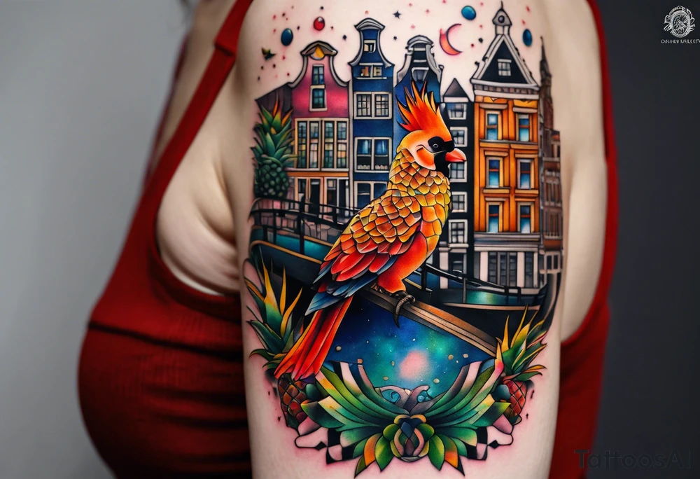 Tattoo of animals made from glass in Amsterdam featuring Amsterdam buildings and canal in galaxy colours featuring pineapples and birds tattoo idea