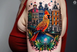 Tattoo of animals made from glass in Amsterdam featuring Amsterdam buildings and canal in galaxy colours featuring pineapples and birds tattoo idea