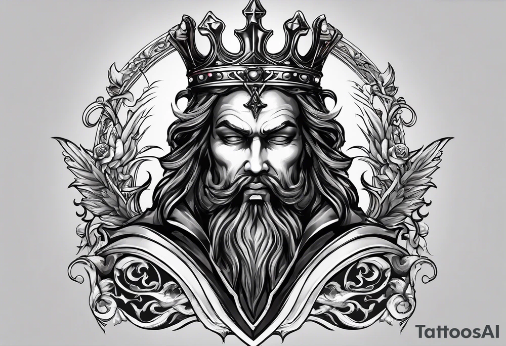 Design a scenario where an angelic piece puts the demonic king in checkmate, signifying the triumph of good over evil in a strategic and symbolic way tattoo idea