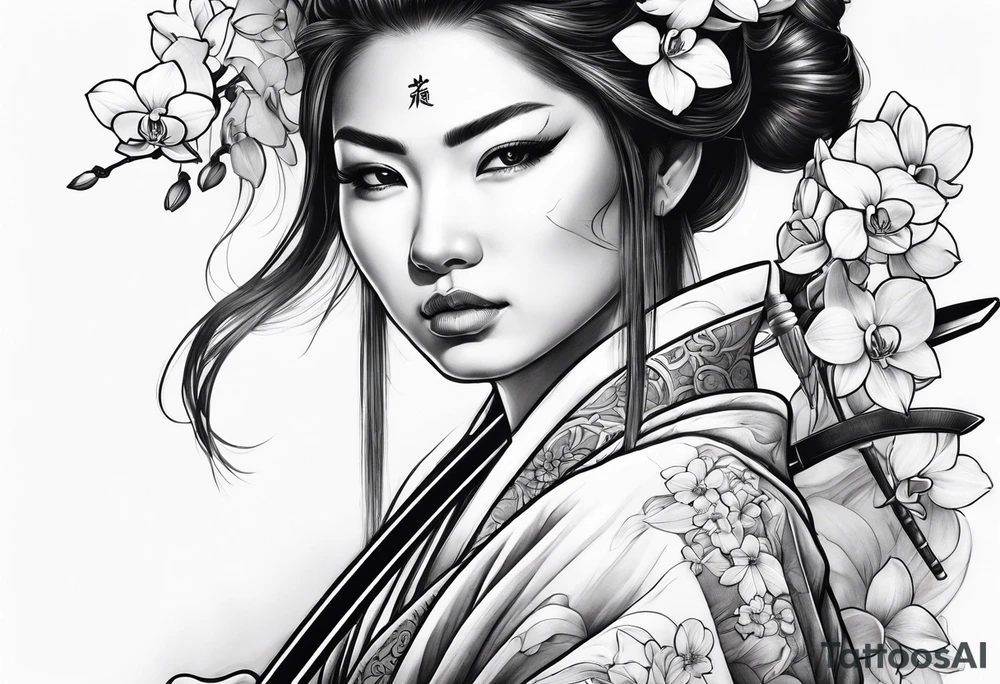 Female samurai with sword and orchids tattoo idea