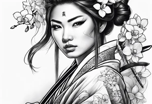 Female samurai with sword and orchids tattoo idea