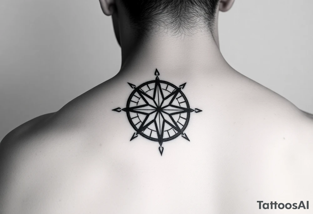 intricate compass rose on upper right back shoulder of a man. black and white. include cardinal directions and make more detailed. tattoo idea