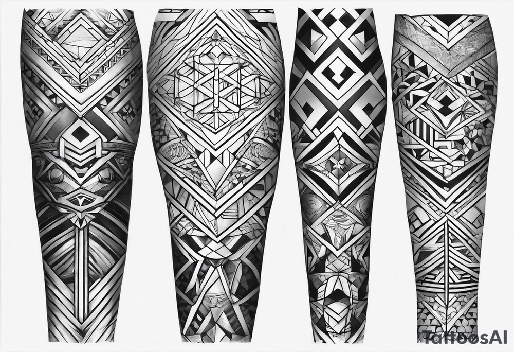 Mix match geometric pattern full leg sleeve male tattoo idea