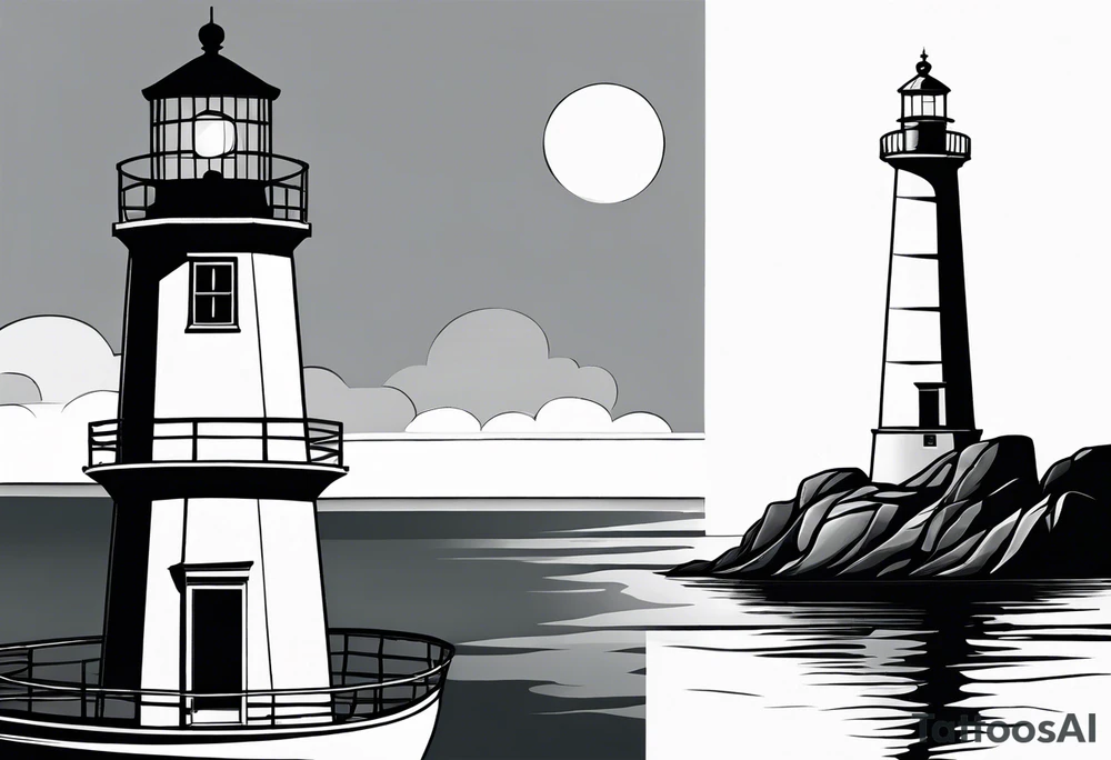 maritime lighthouse partially hidden by its large fixed sail. calm sea reflection. tattoo idea