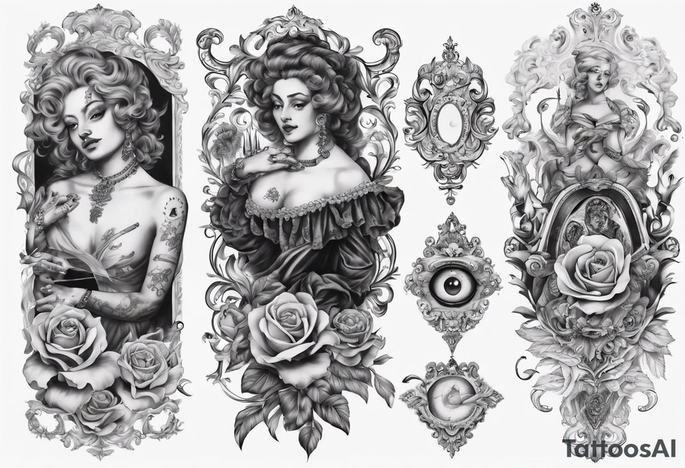 Baroque with card and eye sleeve tattoo idea