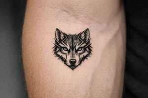 Close-up blackwork wolf face, sharp geometric linework framing the eyes. tattoo idea