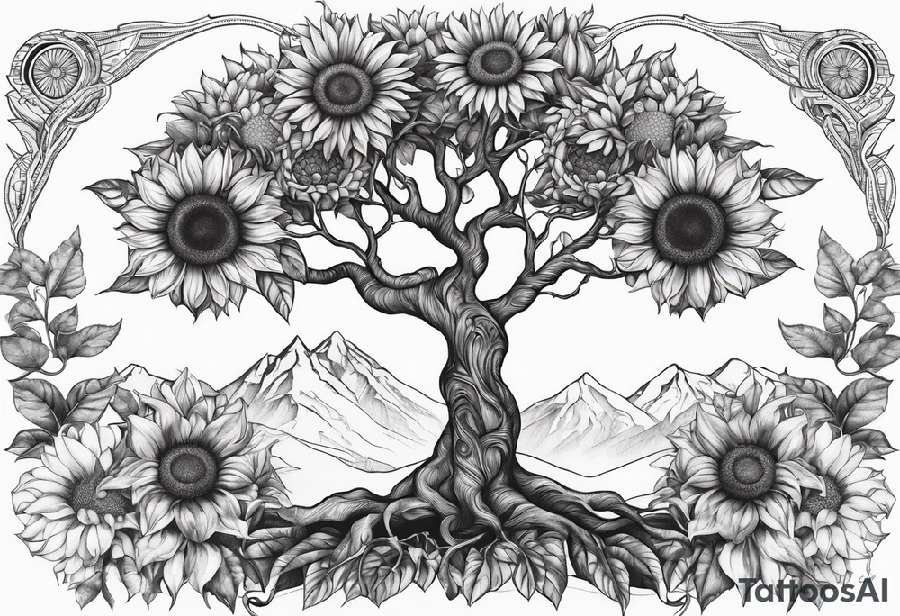 Feminine Yggdrasil tree with 2 sunflowers tattoo idea