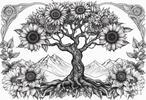 Feminine Yggdrasil tree with 2 sunflowers tattoo idea
